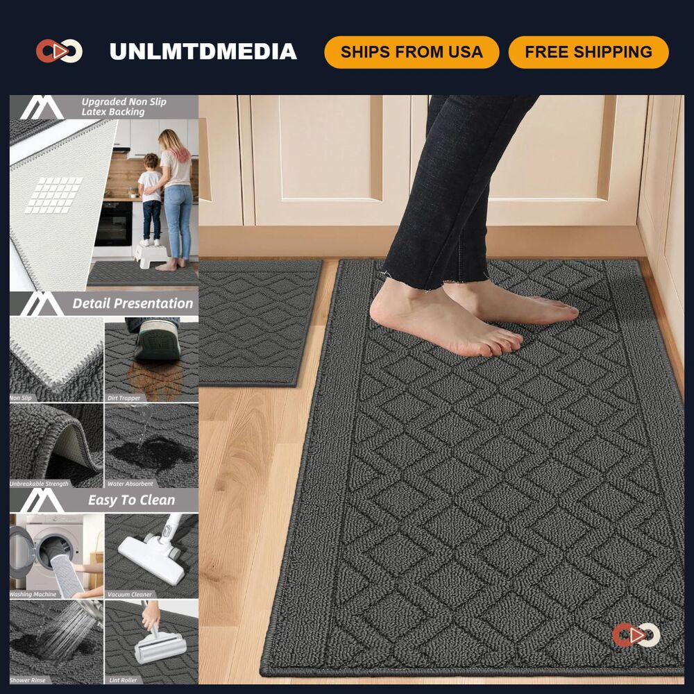 48x20 Inch & 30x20 Inch Kitchen Rug Mats - Soft, Durable, Non-Slip Grey Floor Ma